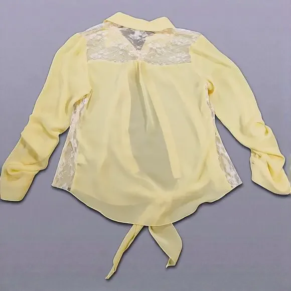 Candie's Y2K Romantic Lace Sheer Tie Front Button Tab Sleeve Top Butter Yellow M - Picture 6 of 10